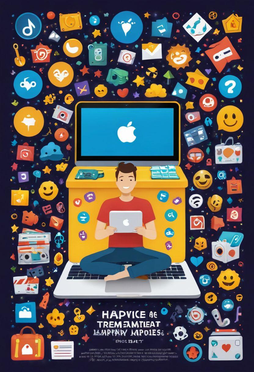 A vibrant and colorful illustration of a person joyfully streaming multimedia content on a laptop, surrounded by floating icons of movies, music, and games. Include a key unlocking a treasure chest filled with happy emojis and entertainment symbols, set against a cozy, inviting room. The scene radiates positive energy and excitement about discovering happiness through entertainment. vibrant colors. flat design. upbeat style.