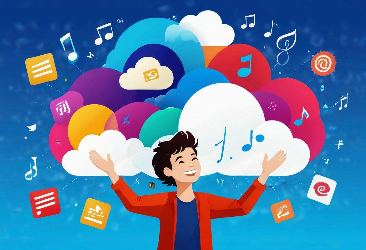 A whimsical illustration of a person joyfully downloading multimedia from a glowing cloud, surrounded by colorful icons representing music, video, and images floating around them. The person is smiling, with an outstretched hand reaching for the icons, embodying the theme of ease and accessibility. The background features a bright blue sky with fluffy clouds, enhancing the sense of happiness and freedom. vibrant colors. cartoon style.