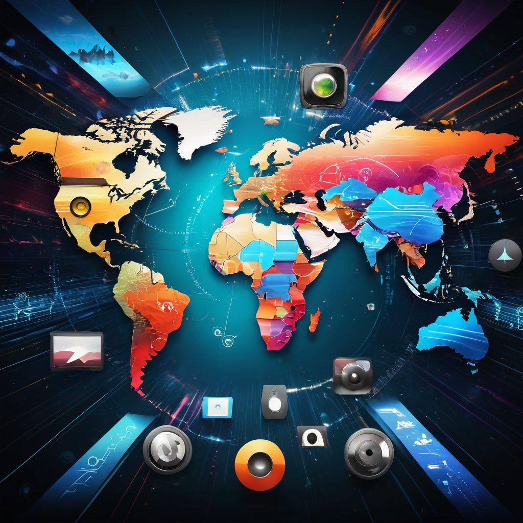 A dynamic collage of audio and video elements, featuring vibrant sound waves, film strips, and download icons, all merging into a world map symbolizing global connectivity through torrenting. The background should have a modern, tech-inspired aesthetic with a blend of cool colors, creating a digital atmosphere. Emphasize happy expressions with characters enjoying seamless downloads. super-realistic. vibrant colors. tech-inspired background.